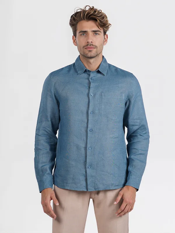 CELIO pastel blue plain linen shirt
