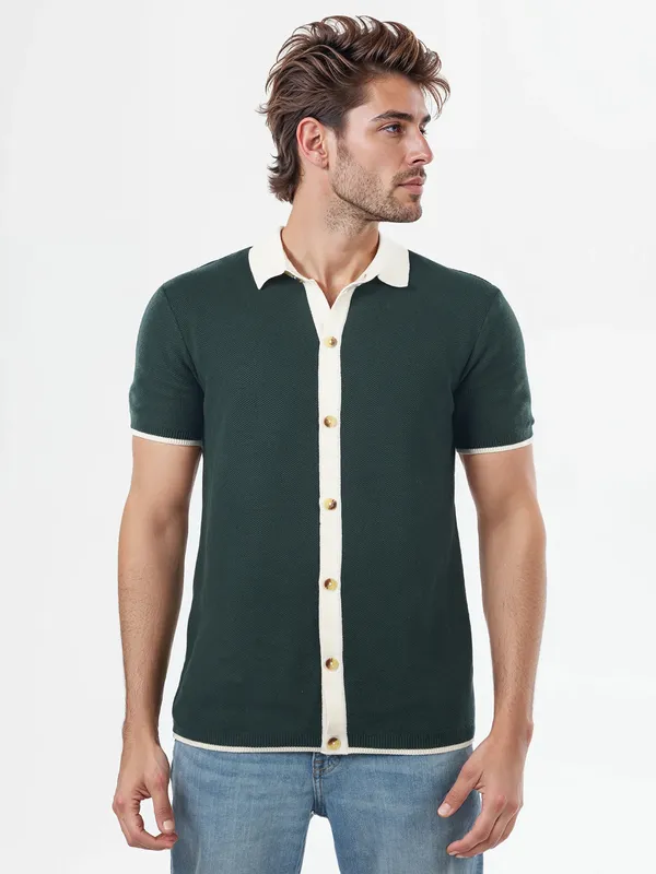 CELIO plain forest green cotton casual slim fit shirt