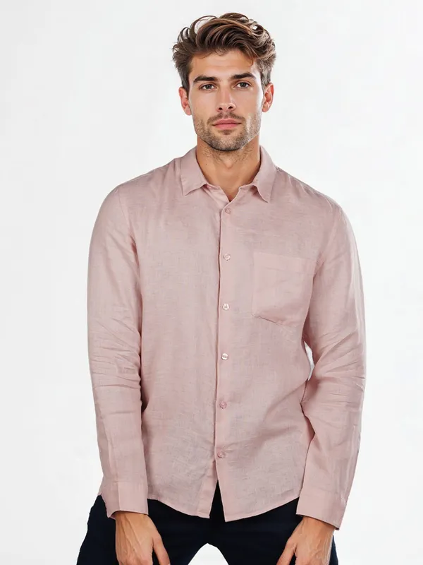 CELIO plain pink cotton slim fit casual shirt