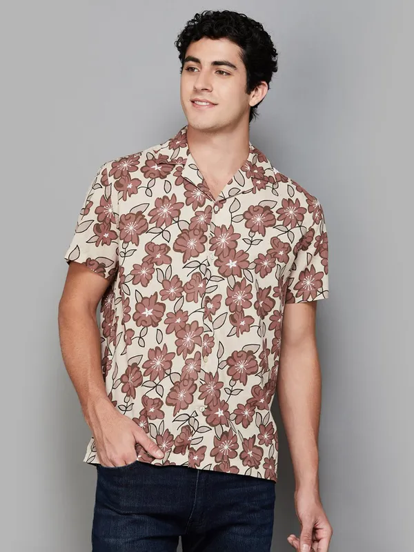 CELIO printed beige casual cotton slim fit shirt