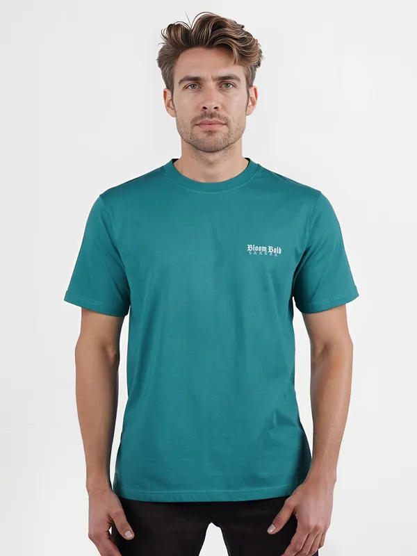 CELIO printed teal blue slim fit mens t-shirt