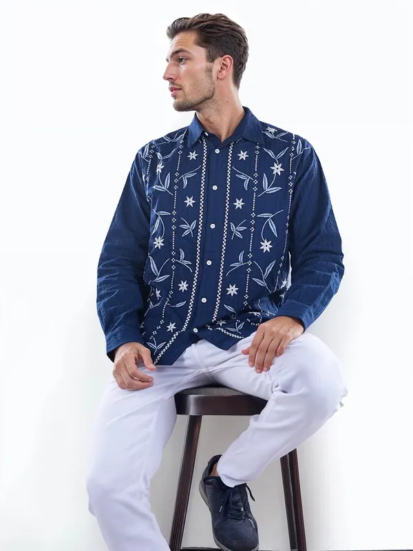 CELIO royal blue embroideried cotton shirt