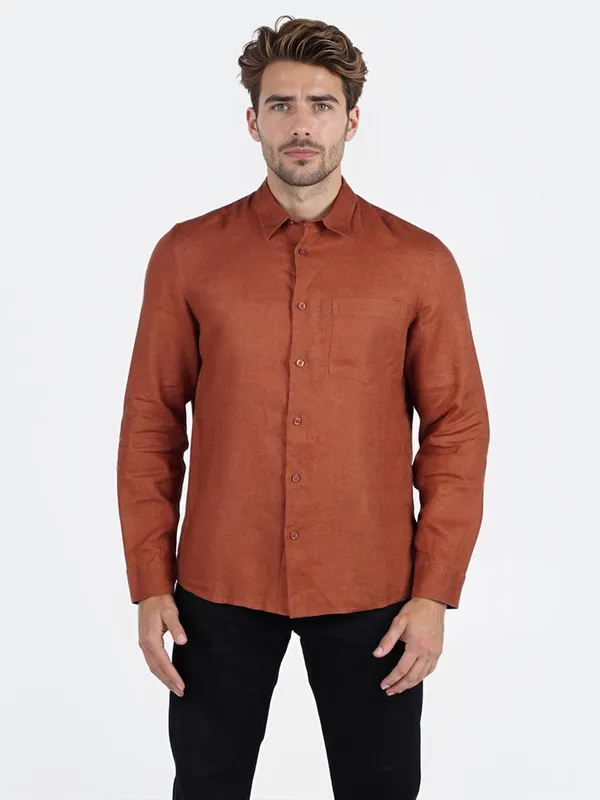 CELIO rust orange plain linen shirt