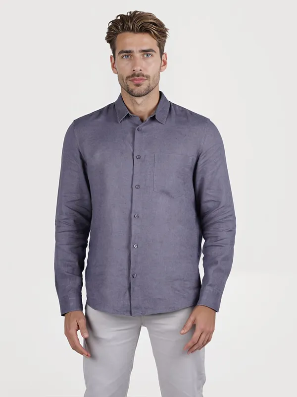 CELIO solid grey linen full sleeve shirt