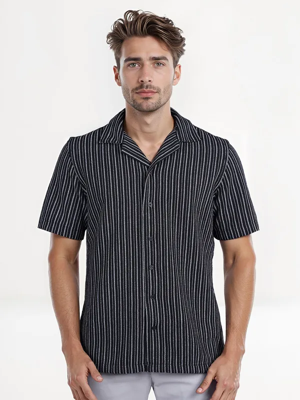 CELIO stripe black notch lapel shirt