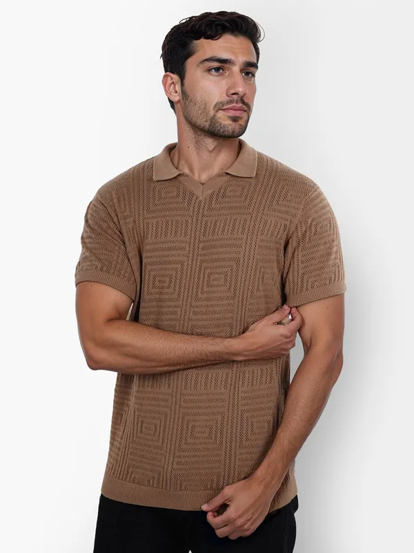 CELIO textured brown slim fit polo t-shirt
