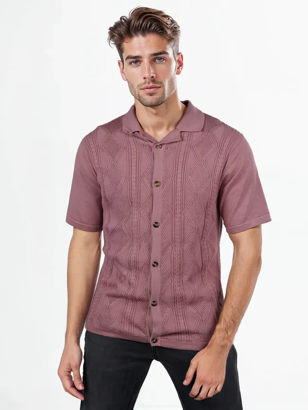 CELIO textured light wine cotton slim fit shirt