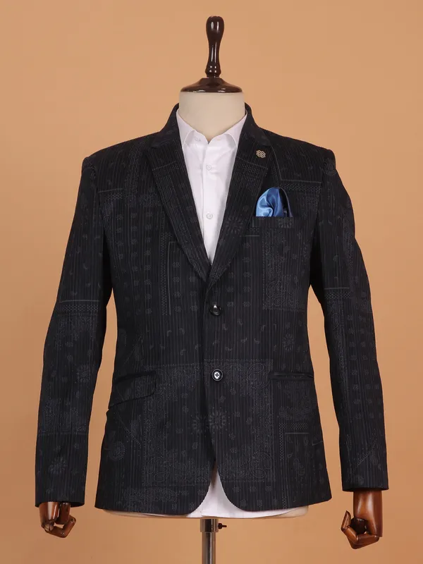 Charcoal black printed cotton blazer for men