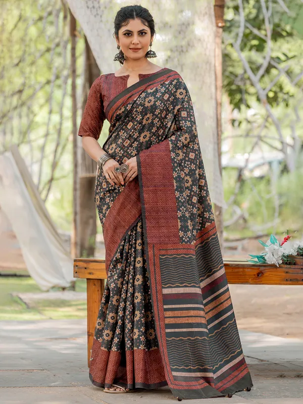 Charcoal black printed kozi silk saree