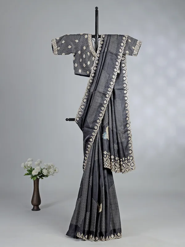 Charcoal black printed silk saree with mirror work