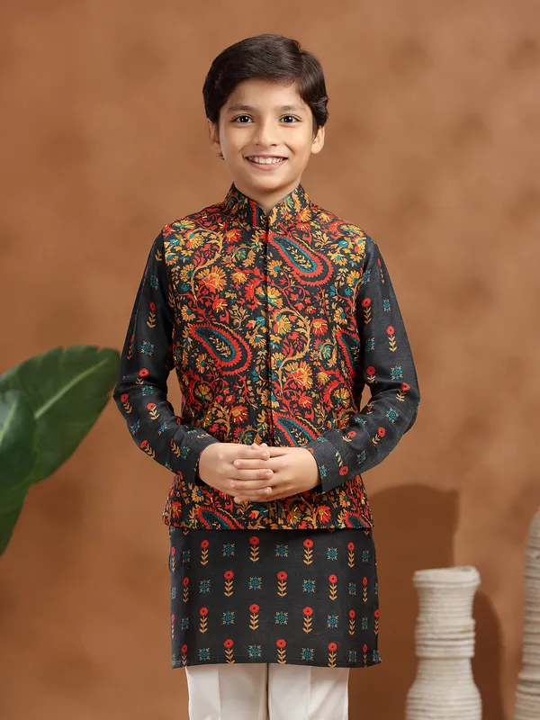 Charcoal black raw silk waistcoat set for boys
