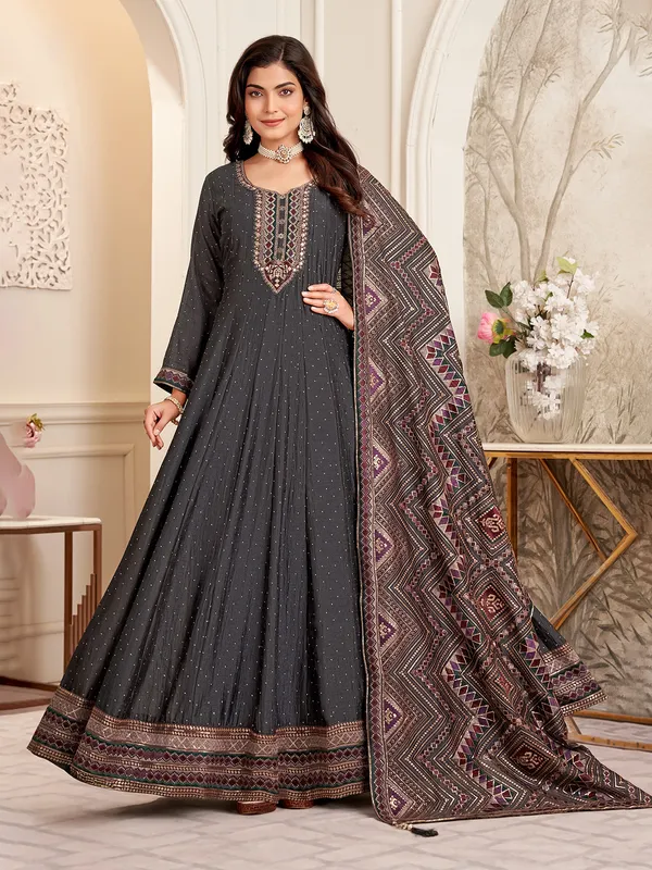 Charcoal black silk anarkali suit with dupatta