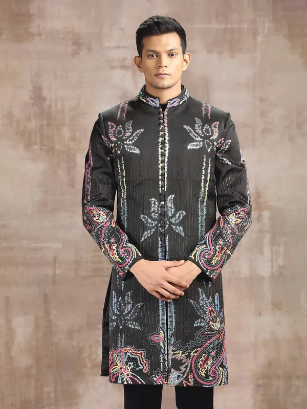 Charcoal grey printed cotton silk indo western with aabla work