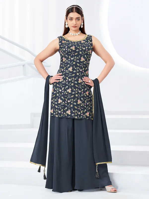 Charcoal grey silk palazzo suit with dupatta