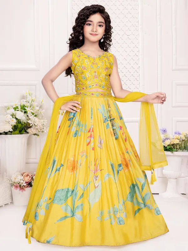 Charismatic yellow printed silk lehenga choli for girls