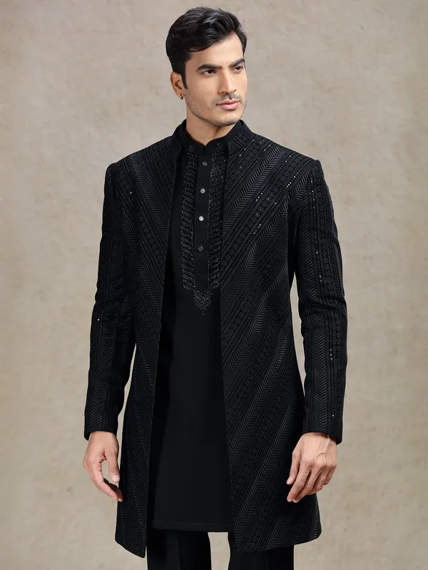 Charming classy black long jacket style indo-western set