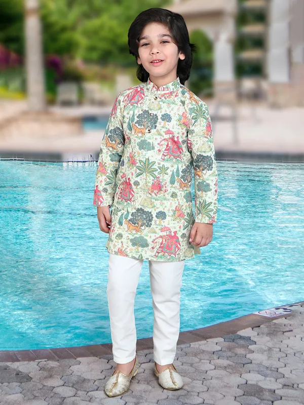 Charming green cotton silk kurta pant set with aabla work