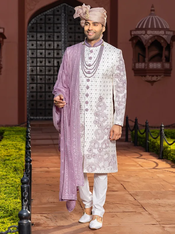 Charming lilac raw silk sherwani for groom