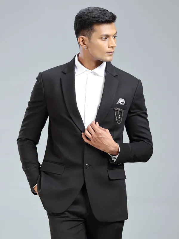 Charming mens black blazer in soft terry rayon fabric