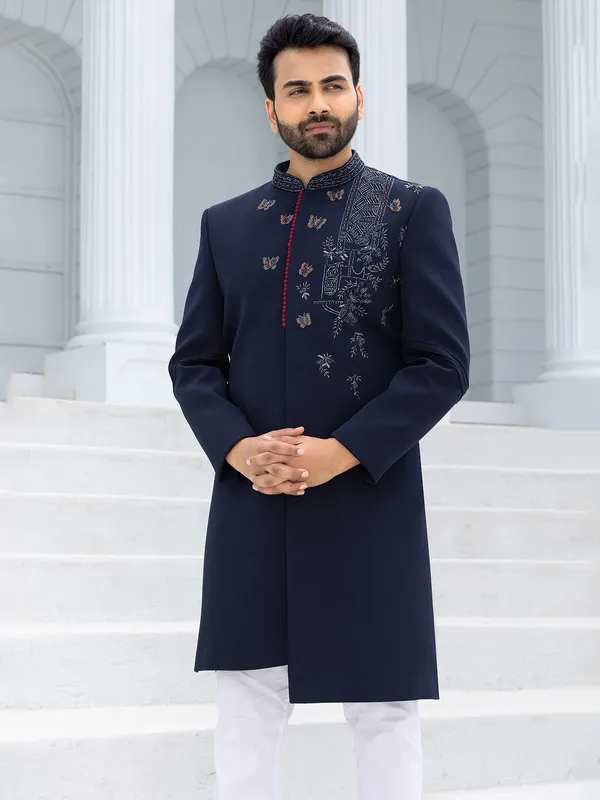 Charming navy blue terry rayon Indowestern