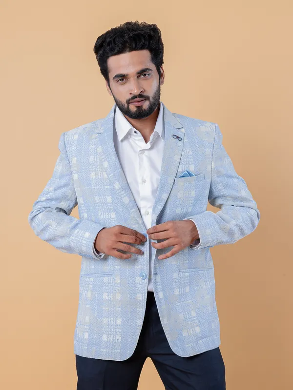 Checks sky blue terry rayon blazer