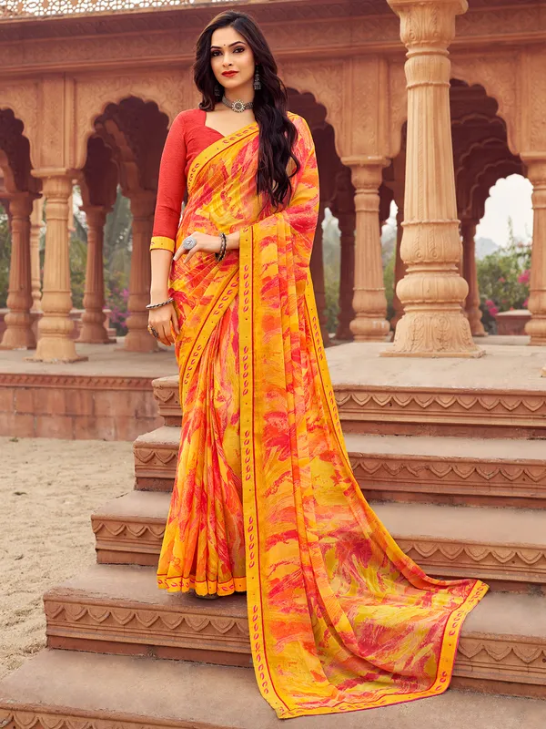 Chiffon yellow printed casual wear saree