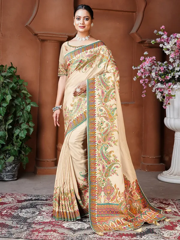 Chiku color dola silk saree in resham weaving