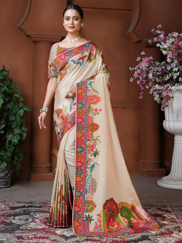 Chiku color resham weaving dola silk saree