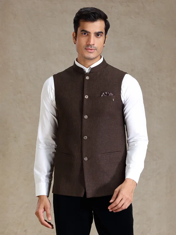 Choco brown jute fabricated waistcoat for men