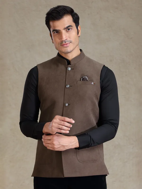 Choco brown jute nehru jacket for men