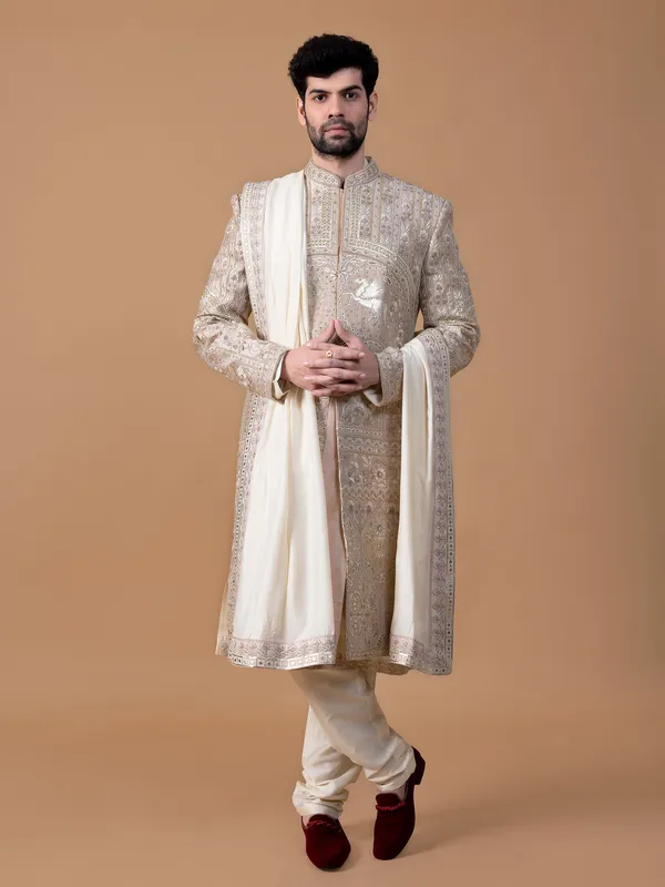 Claasic beige raw silk sherwani