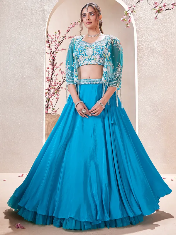 Classic aqua satin lehenga choli