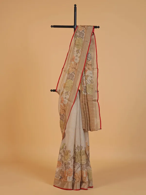 Classic beige linen printed saree