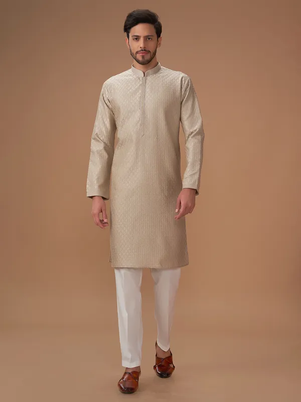 Classic beige silk embroidery kurta suit