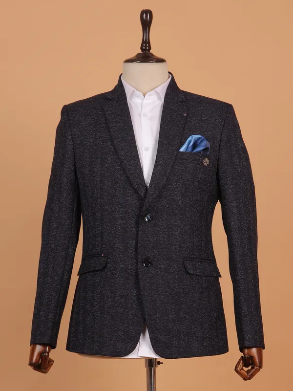 Classic black textured cotton blazer for men