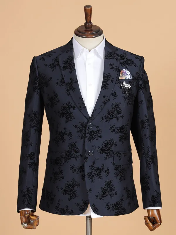 Classic blue printed blazer in terry rayon
