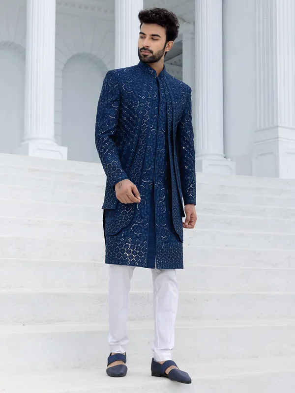 Classic blue raw silk indowestern