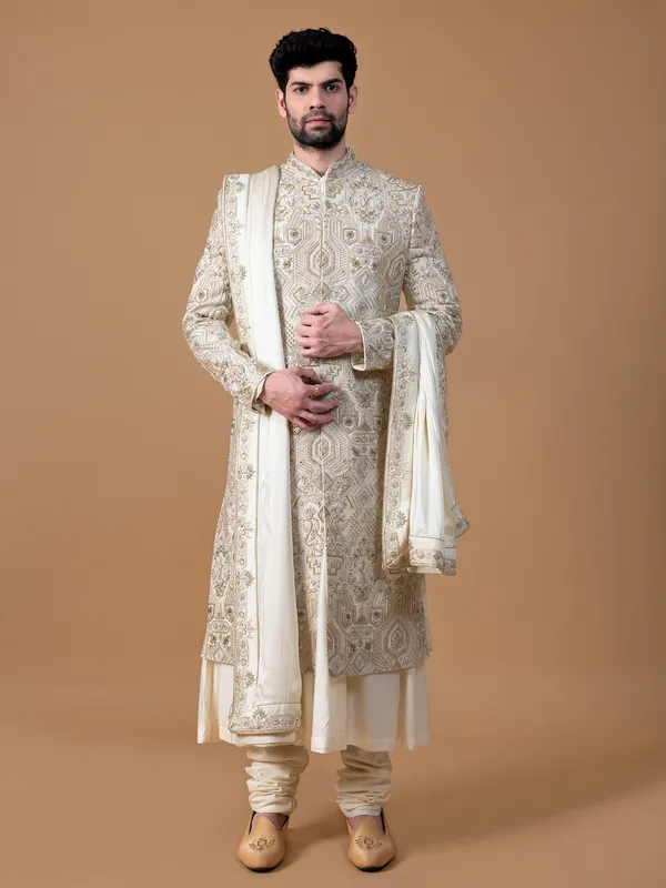 Classic cream groom sherwani in raw silk