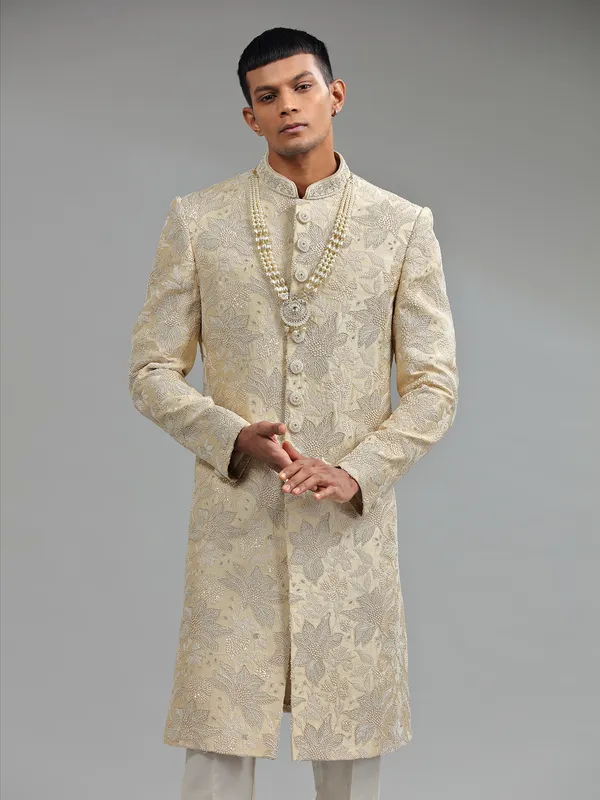 Classic cream raw silk sherwani