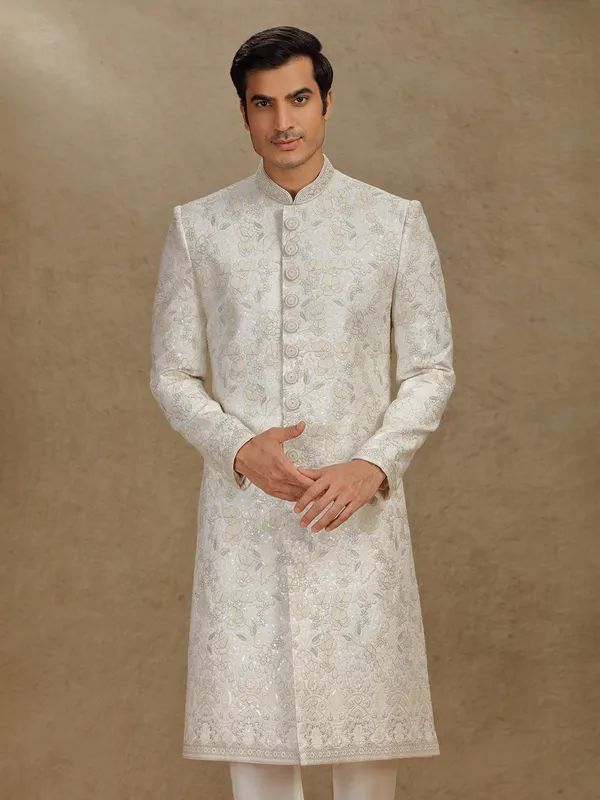 Classic cream silk sherwani with fine thread work