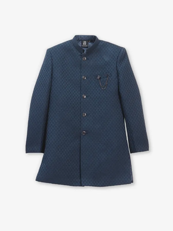 Classic dark blue silk indowestern set for boys