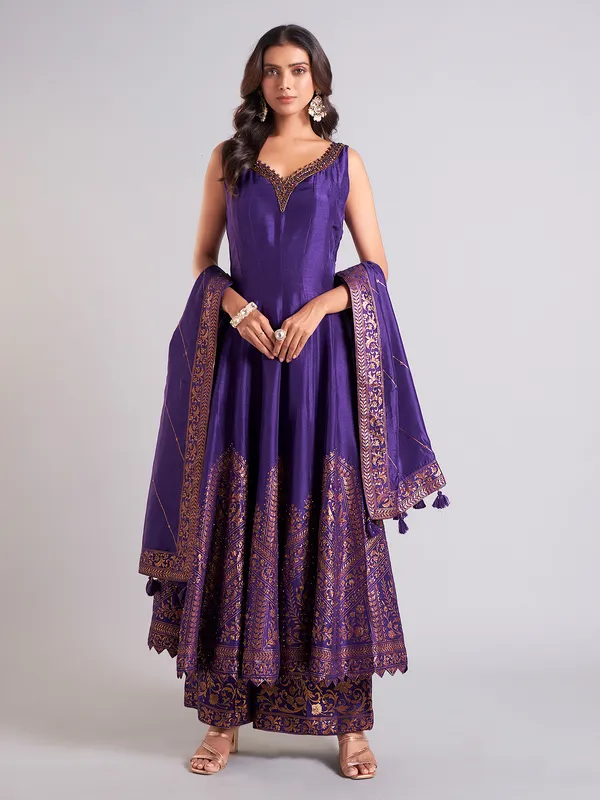 Classic dark purple raw silk palazzo salwar suit