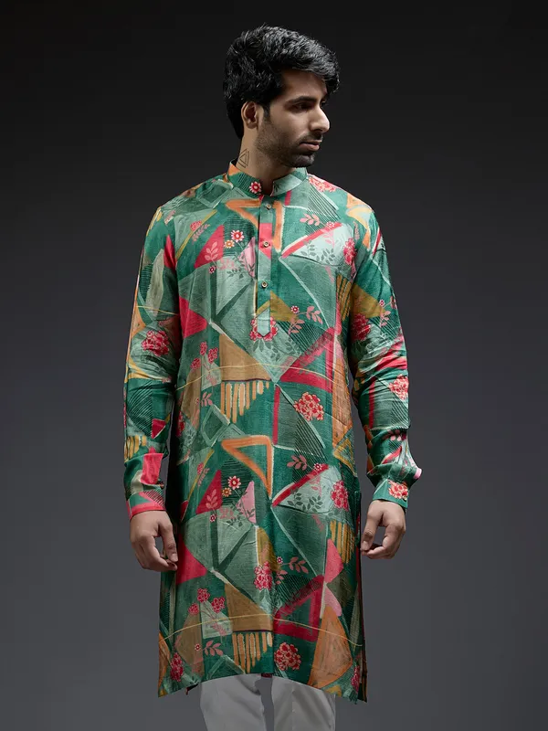 Classic green geometrical printed kurta suit in silk