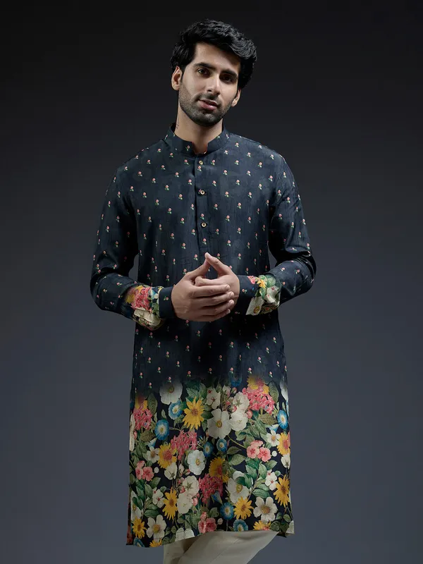Classic navy flower floral print silk kurta suit