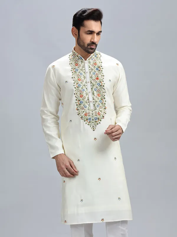 Classic off white cotton silk kurta set for men