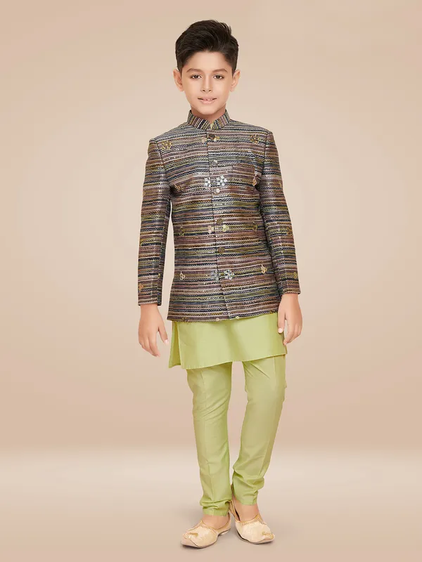 Classic pista green silk stripe indowestern