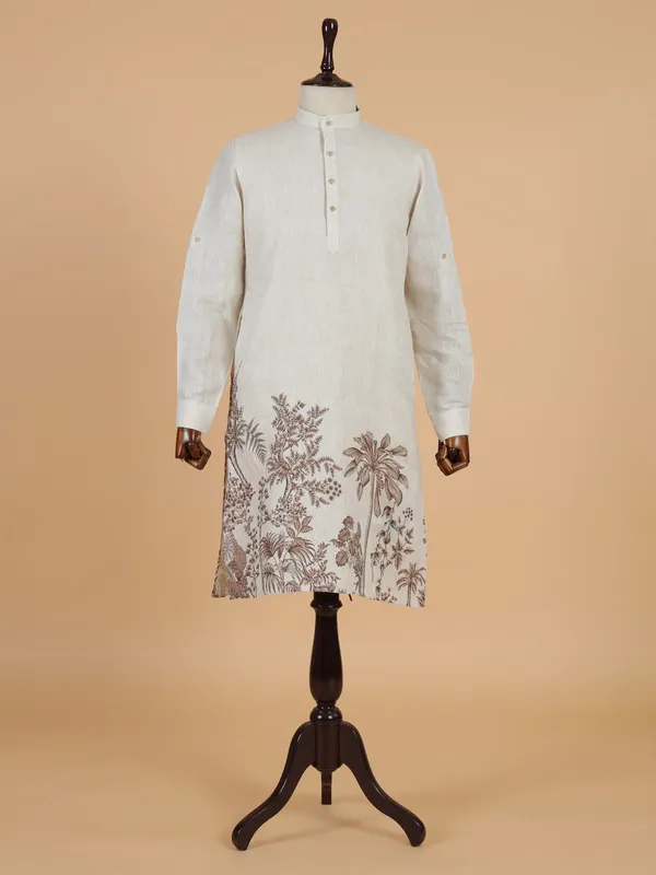 Classic printed beige cotton kurta set for men