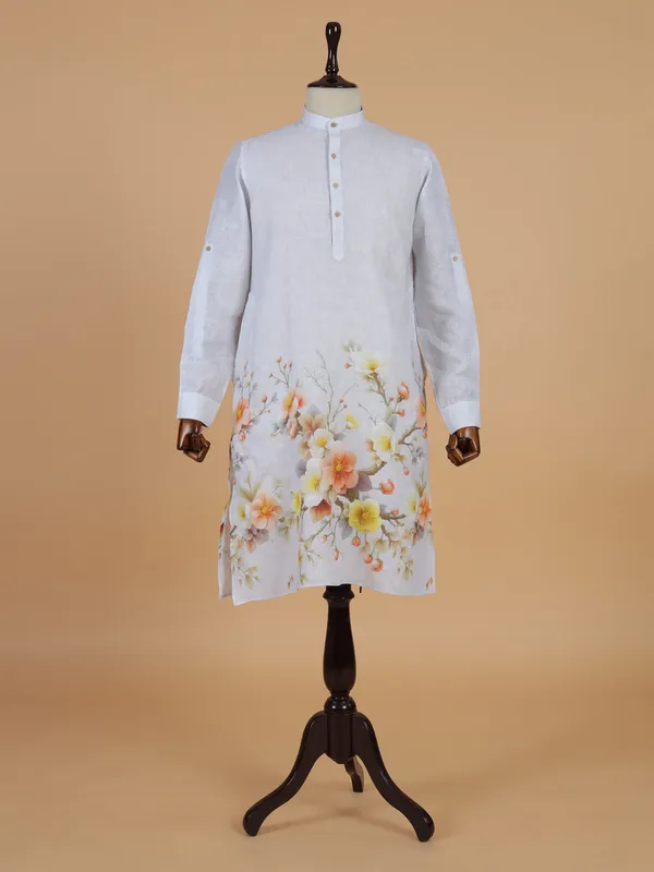 Classic printed light grey cotton kurta set for men