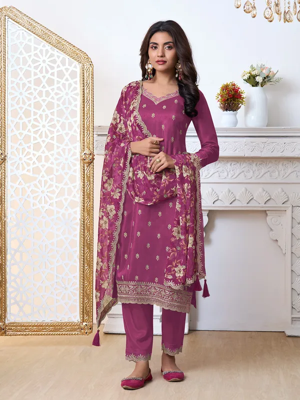 Classic purple silk salwar suit with printed dupatta