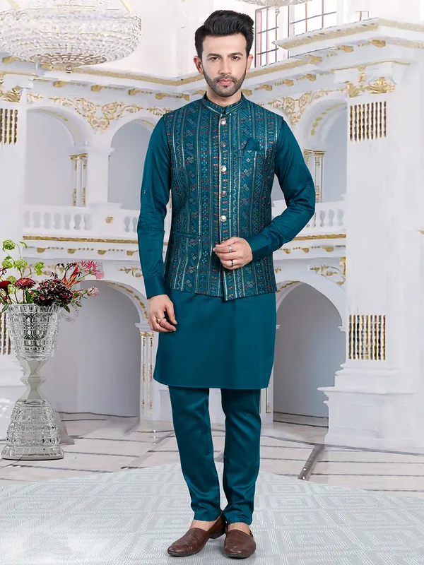 Classic rama blue embroidery waistcoat set